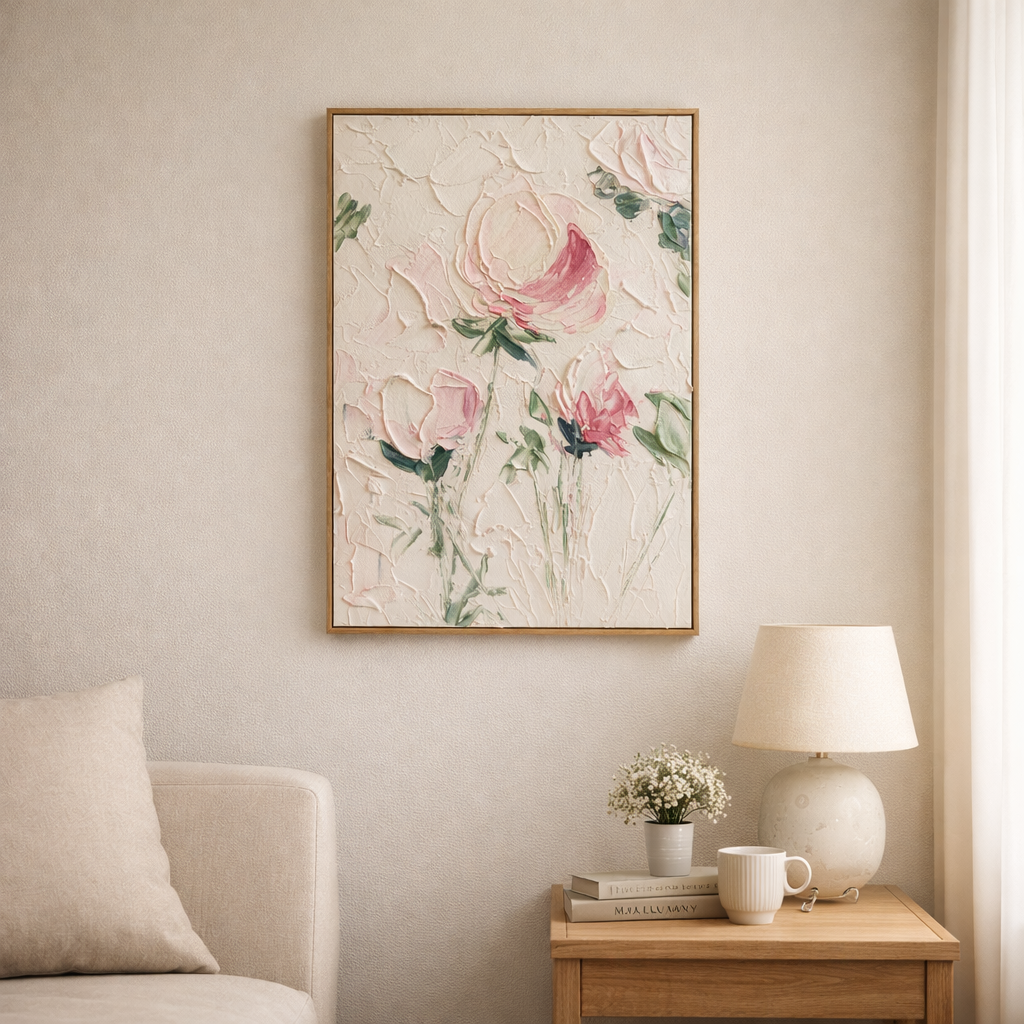 oft Bloom botanical wall art in romantic NZ bedroom wood frame