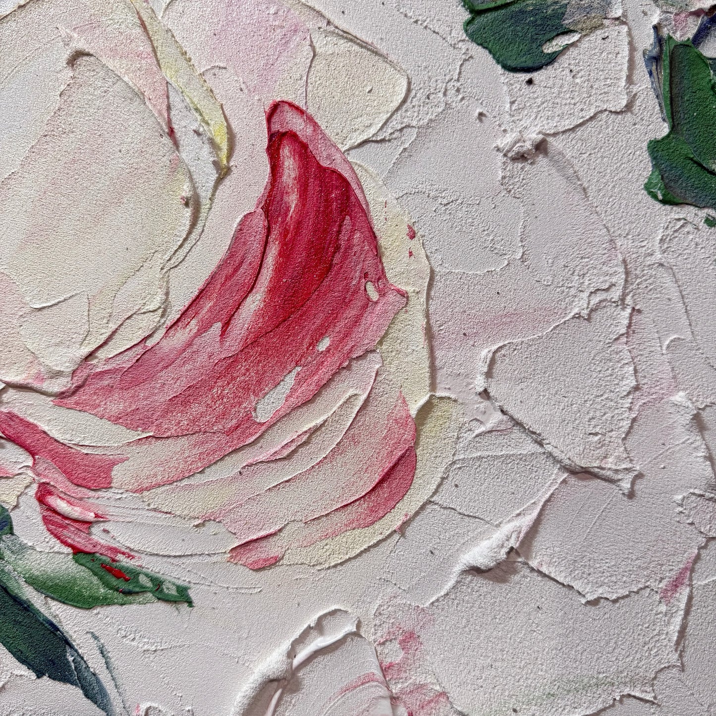 Soft Bloom floral textured oil painting canvas impasto petal detail close up