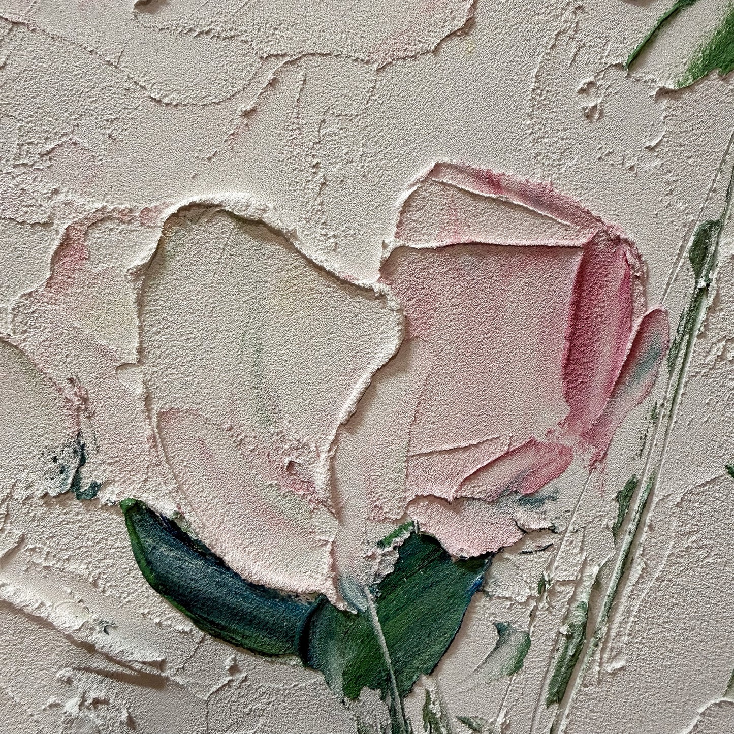 Soft Bloom floral textured oil painting canvas impasto petal detail close up