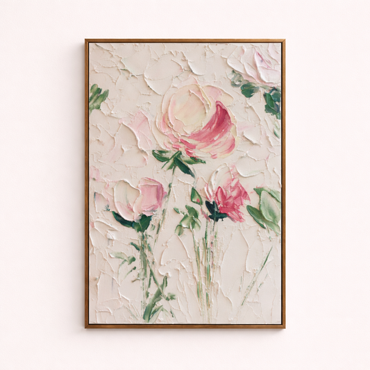 Soft Bloom hand painted oil painting 50x70cm natural wood frame wall art NZ front view