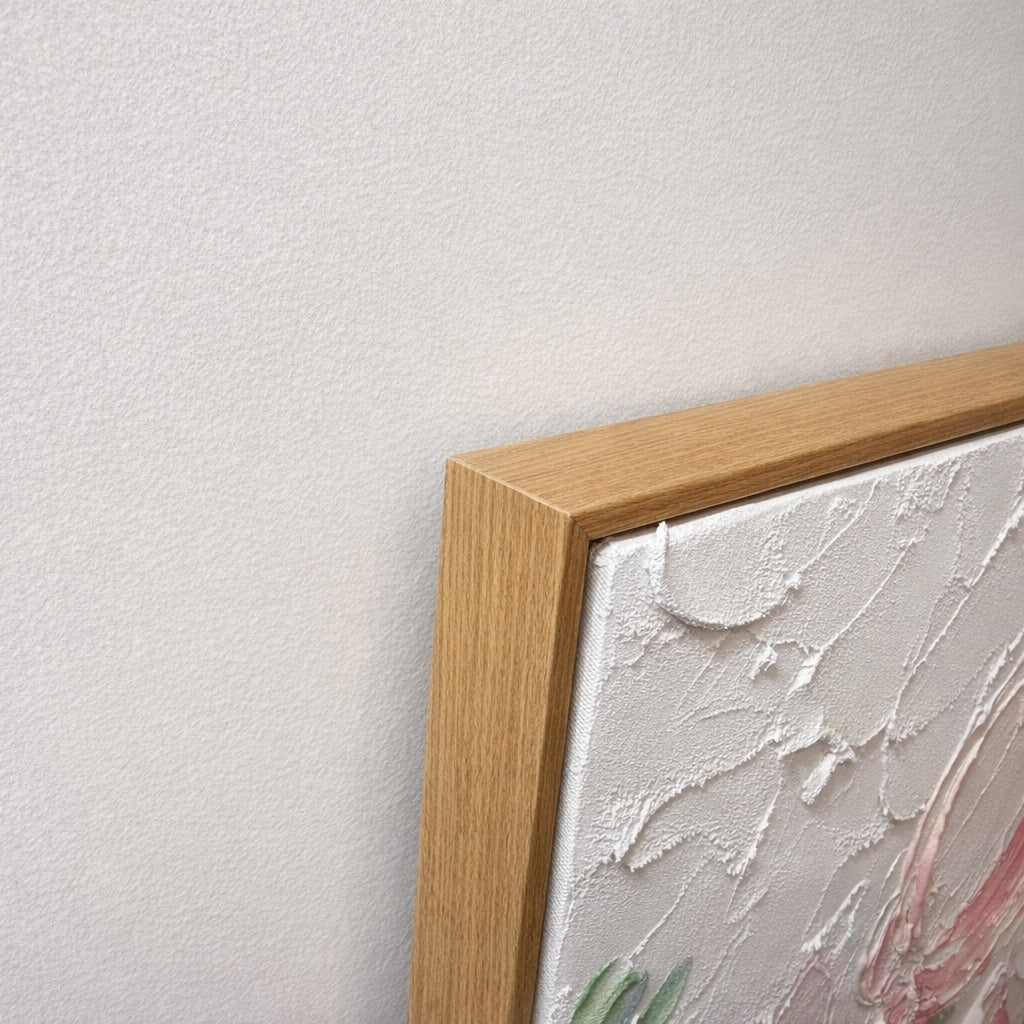 Soft Bloom natural wood frame corner detail ready to hang