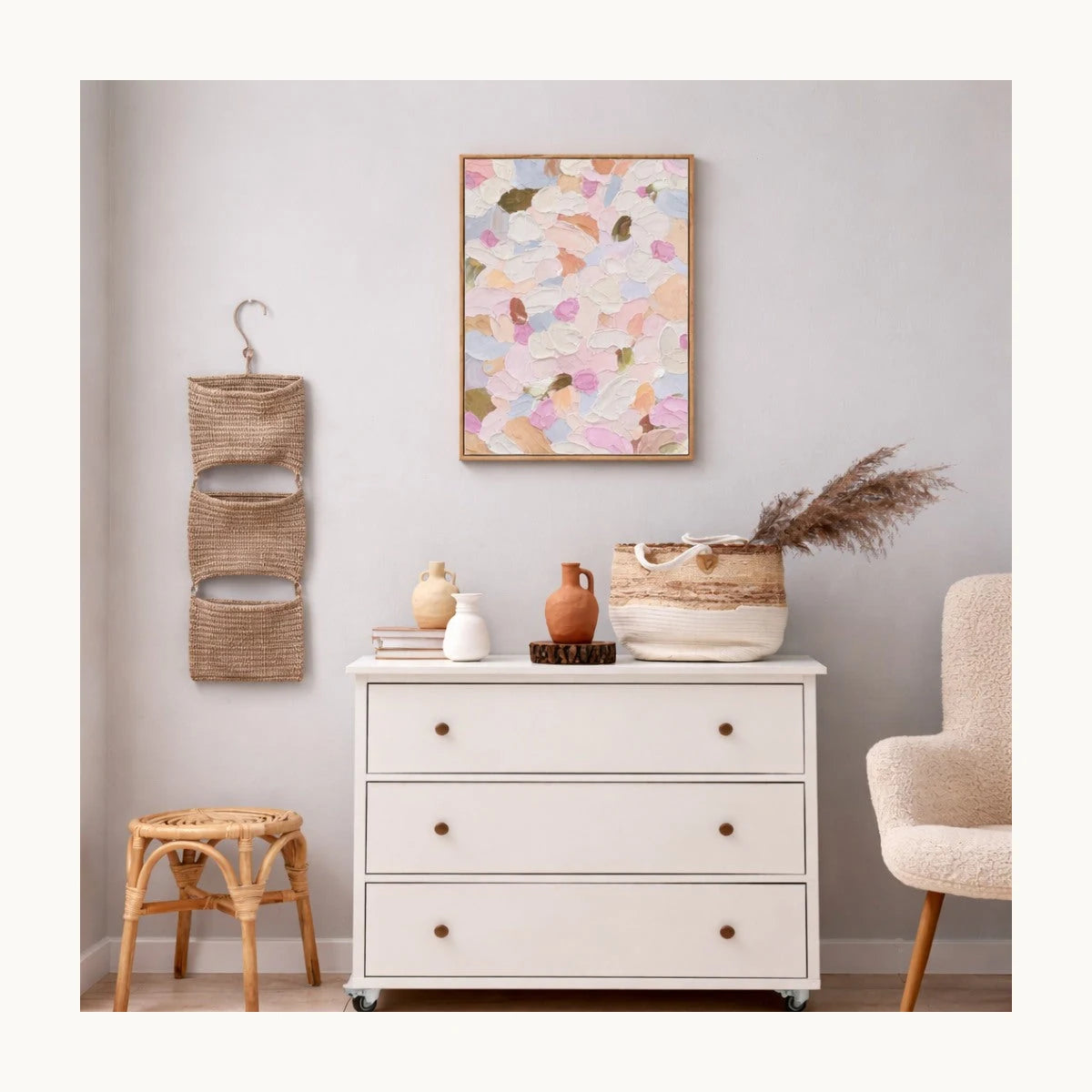 Soft Confetti Hand Painted Textured Oil Painting 50x70cm hand-painted wall art in styled room scene