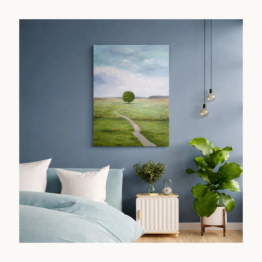 Still Meadow Hand Painted Textured Oil Painting 70x100cm hand-painted wall art in styled room scene
