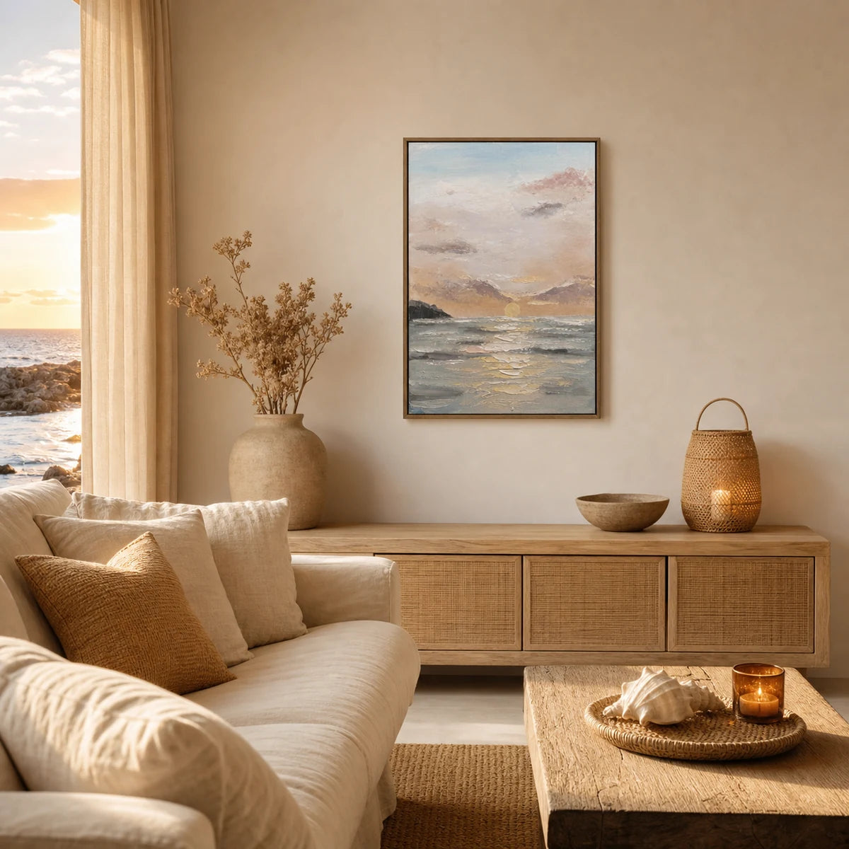 Sunset Cove Hand Painted Textured Oil Painting 50x70cm hand-painted wall art in styled room scene