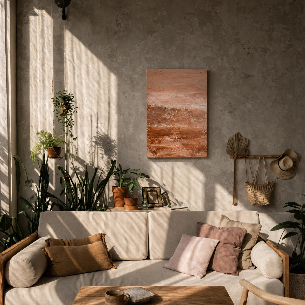 Terra Haze Hand Painted Textured Oil Painting 50x70cm hand-painted wall art in styled room scene