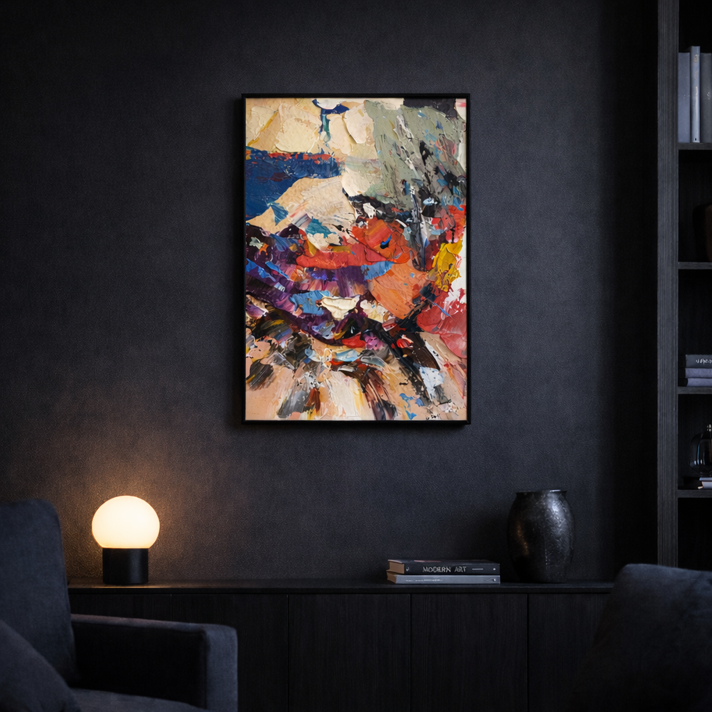 Vibrance abstract wall art in modern NZ living room black frame