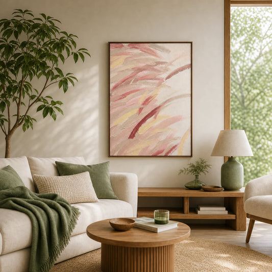 Whispering Plumes Hand Painted Textured Oil Painting 70x100cm hand-painted wall art in styled room scene